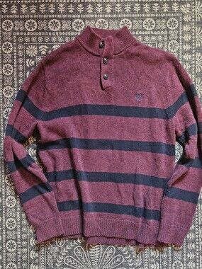Chaps Maroon and Navy Striped Mock Neck Henley Sweater
